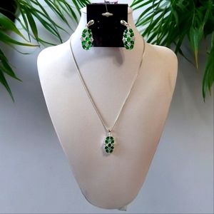 Sterling Silver Emerald Green Topaz & Clear Cz Necklace and Earring Set